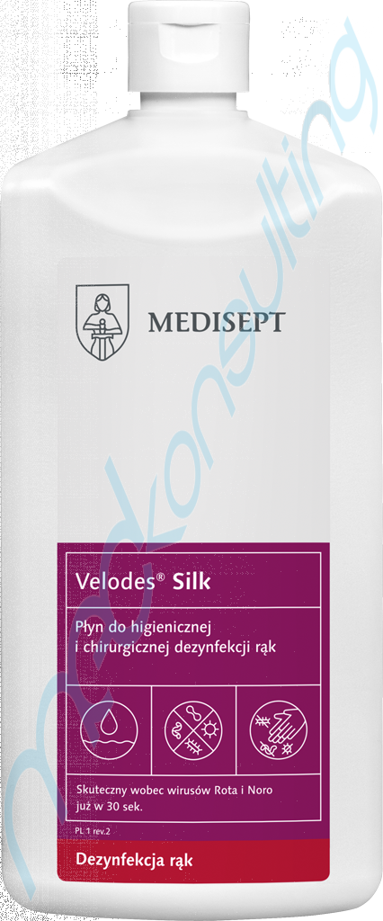 VELODES Silk 1000ml - płyn do higienicznej i chirurgicznej dezynfekcji rąk WYPRZEDAŻ. KRÓTKI TERMIN WAŻNOŚCI.